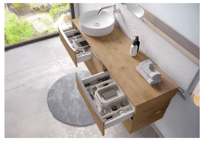 Meuble de salle de bains avec plan de toilette en bois Landes Coycama détail 1