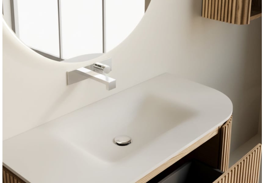 Ensemble meuble de salle de bain en frêne massif avec lavabo Solid Surface Evo Curve Bruntec détail 1