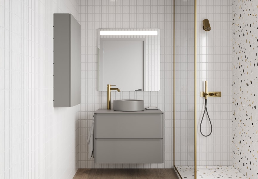 Meuble de salle de bains avec plan de toilette en résine arena Dai Top Royo environnement 7