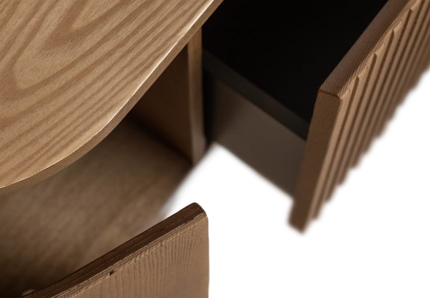 Meuble de salle de bain 100 cm en bois massif de frêne avec plan de toilette en bois Evo Curve Bruntec détail 3