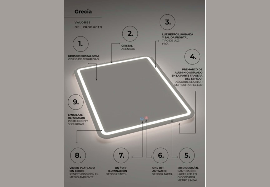 Miroir de salle de bain avec éclairage LED Grecia Ledimex détail 7