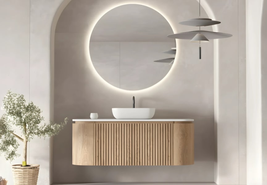 Meuble de salle de bain 100 cm en frêne massif avec plan de toilette Solid Surface Evo Curve Bruntec principal 0