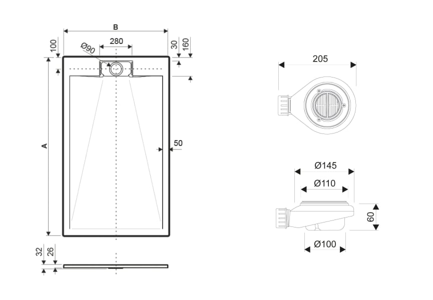 Receveurs de douche en résine Mercuri Bruntec croquis 3