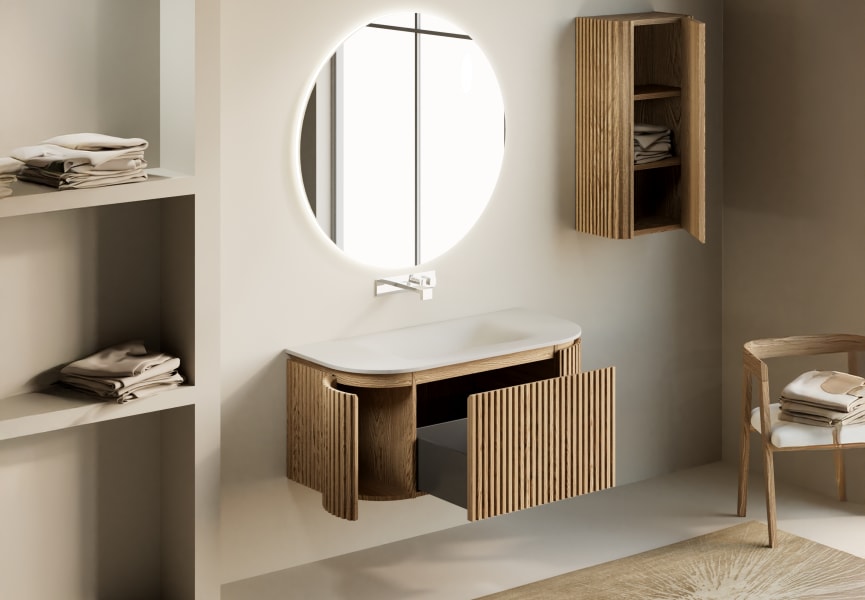 Ensemble meuble de salle de bain en frêne massif avec lavabo Neo Curve de Solid Suface Bruntec détail 1
