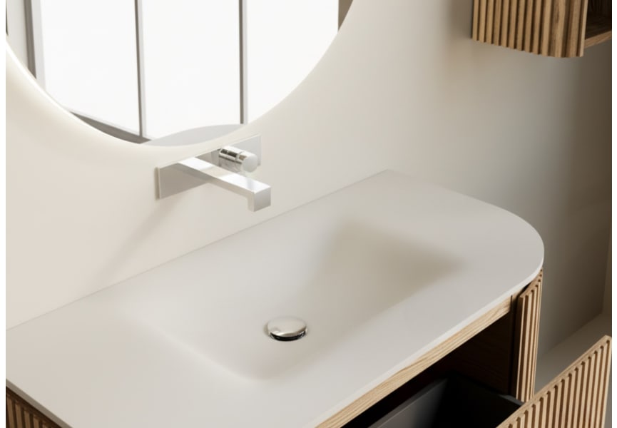 Ensemble meuble de salle de bain, plusieurs dimensions, en bois massif de frêne avec lavabo Solid Surface Neo Curve Bruntec détail 3