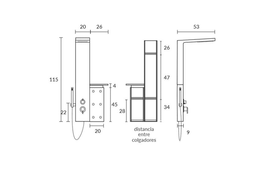 Colonne de douche hydromassante Ko jets Sagobar croquis 1