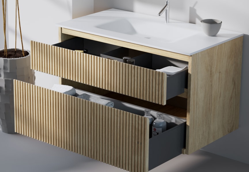 Ensemble de meubles de salle de bains en bois massif rainuré Alpes 2 Bruntec détail 3