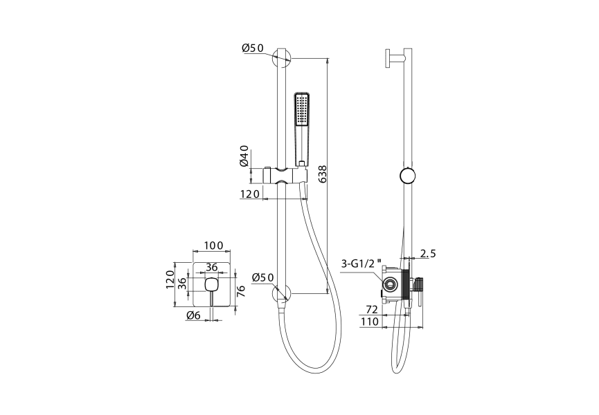Ensemble de douche à encastrer Firenze Imex avec barre d'appui croquis 9