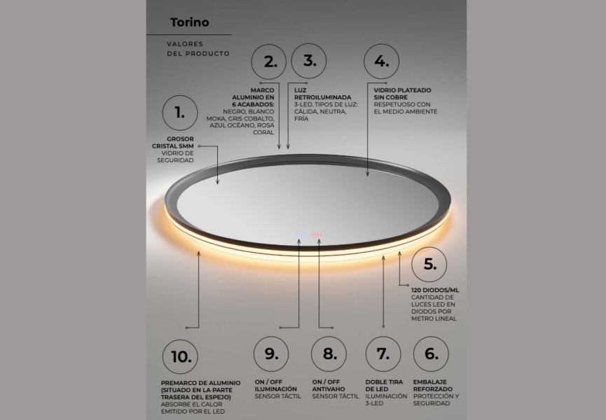 Miroir de salle de bain avec éclairage LED Torino Ledimex détail 10