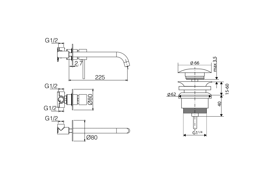 Robinetterie de lavabo encastrée Milos Imex + bonde click-clack pack croquis 8