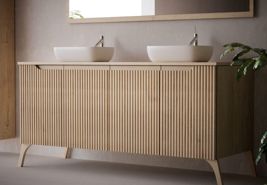 Meuble de salle de bains avec plan de toilette en bois massif et pieds Alpes 15 Bruntec détail 2