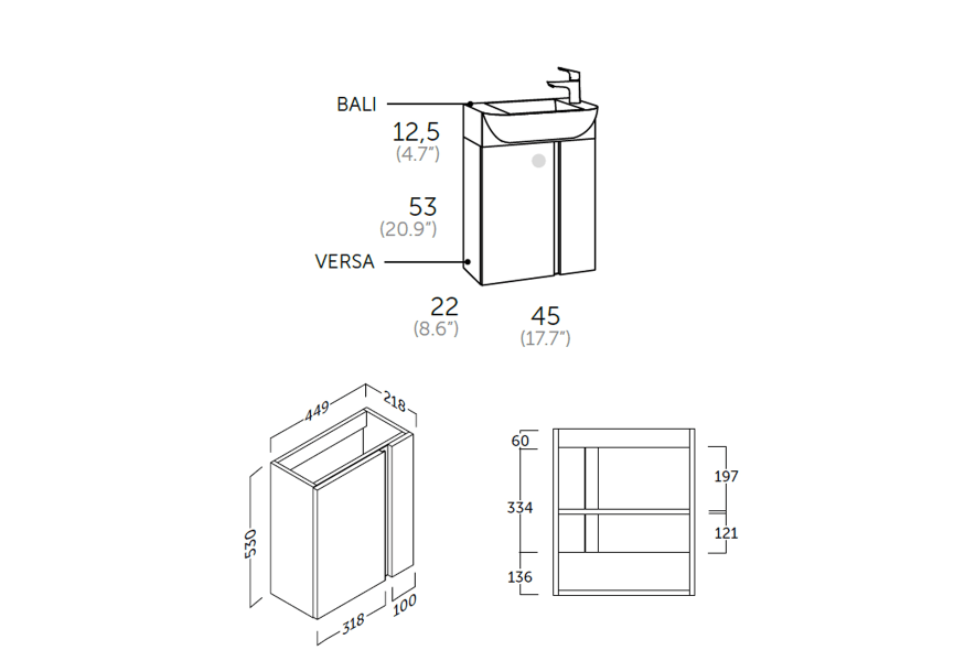 Ensemble meuble de salle de bain Versa Coycama profondeur réduite 22 cm croquis 7