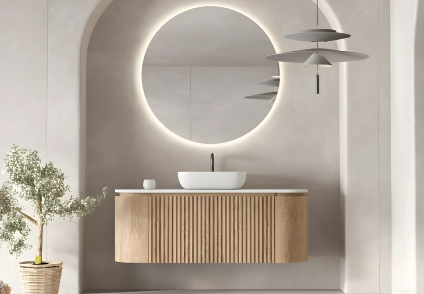 Meuble de salle de bain, plusieurs dimensions, en bois massif de frêne avec plan de toilette Solid Surface Evo Curve Bruntec principal 0