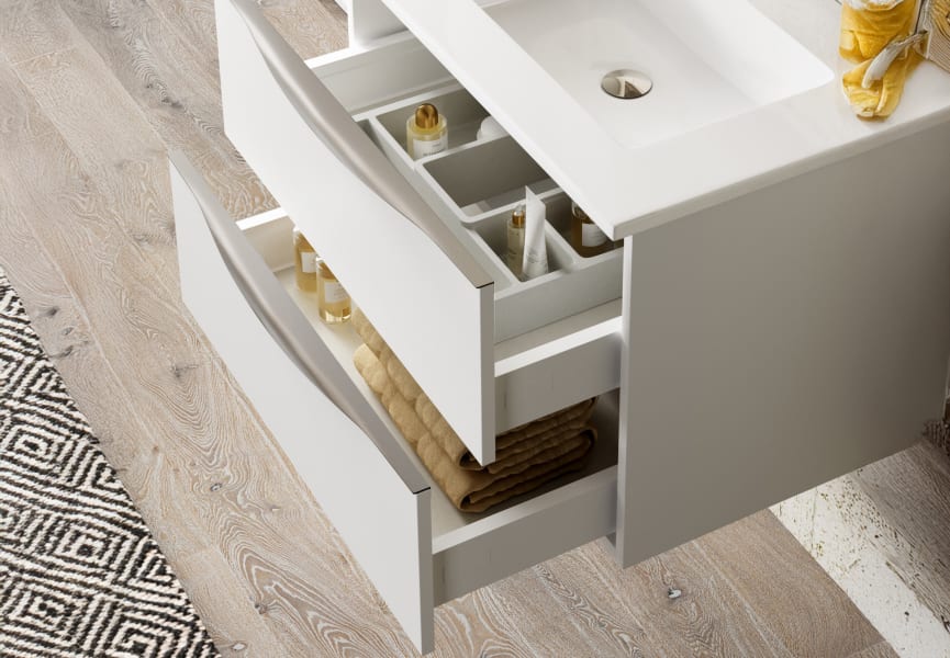 Meuble de salle de bains avec plan de toilette en bois Landes Coycama détail 2