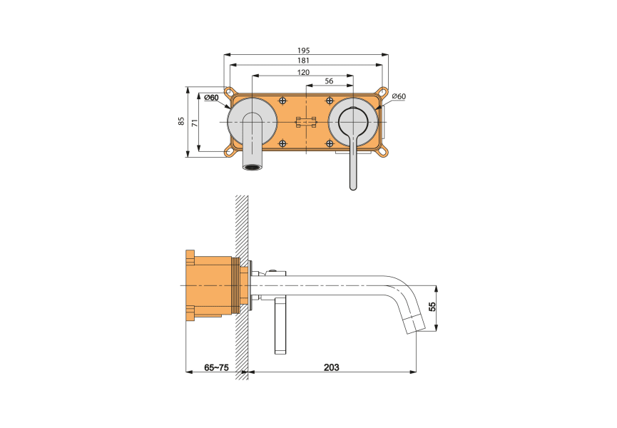 Lluvibath Bambú mitigeur encastré de lavabo croquis 5