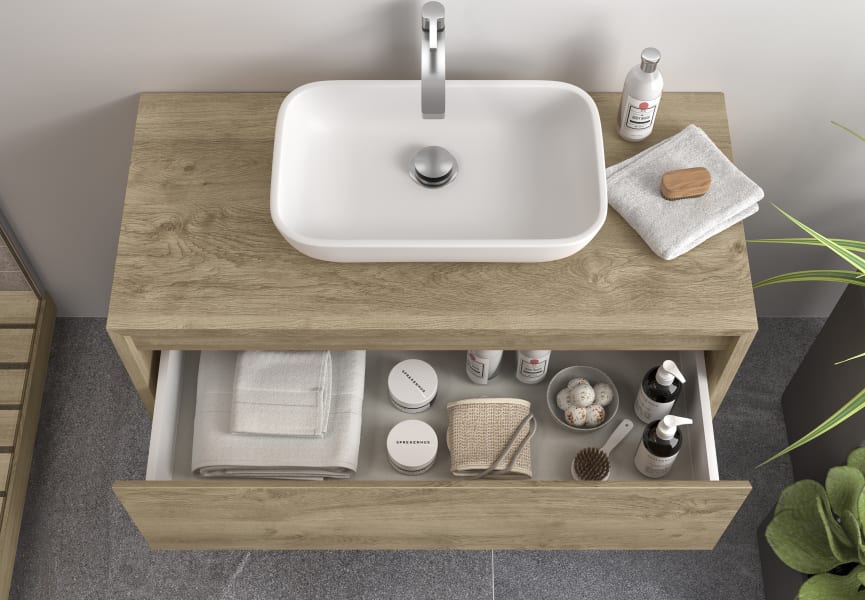 Meuble de salle de bains Lambda avec plan de toilette en bois Coycama détail 17