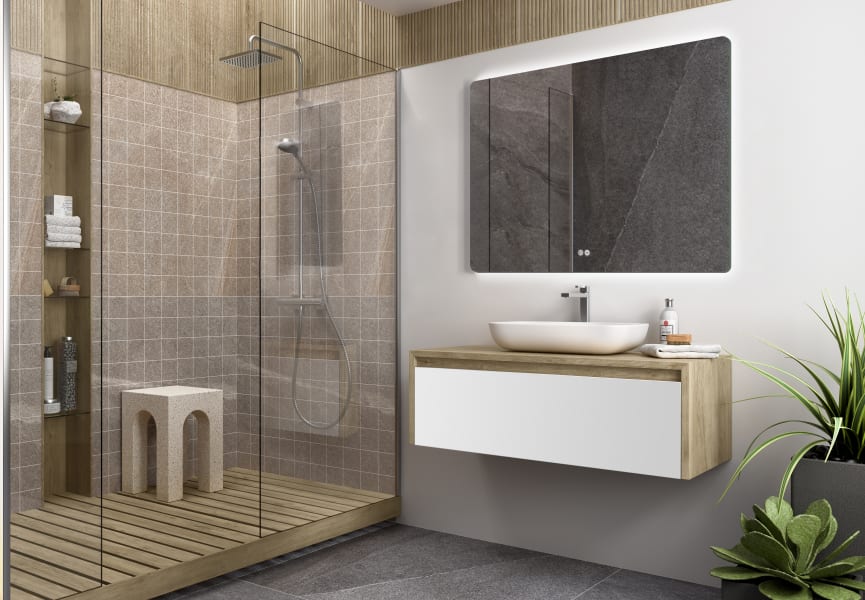 Meuble de salle de bains Lambda avec plan de toilette en bois Coycama principal 4