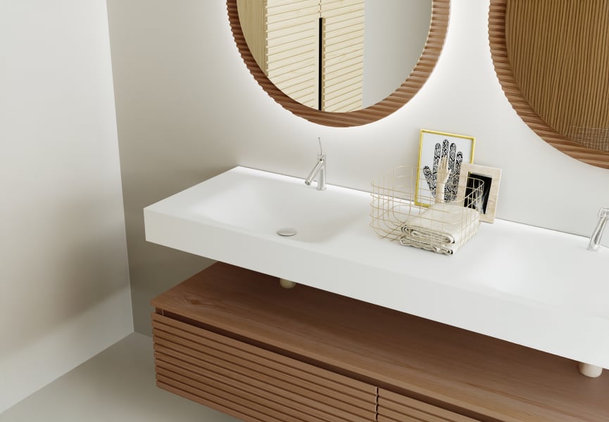Ensemble meuble de salle de bain avec lavabo double en solid surface et caisson Alpes 4 Bruntec détail 3