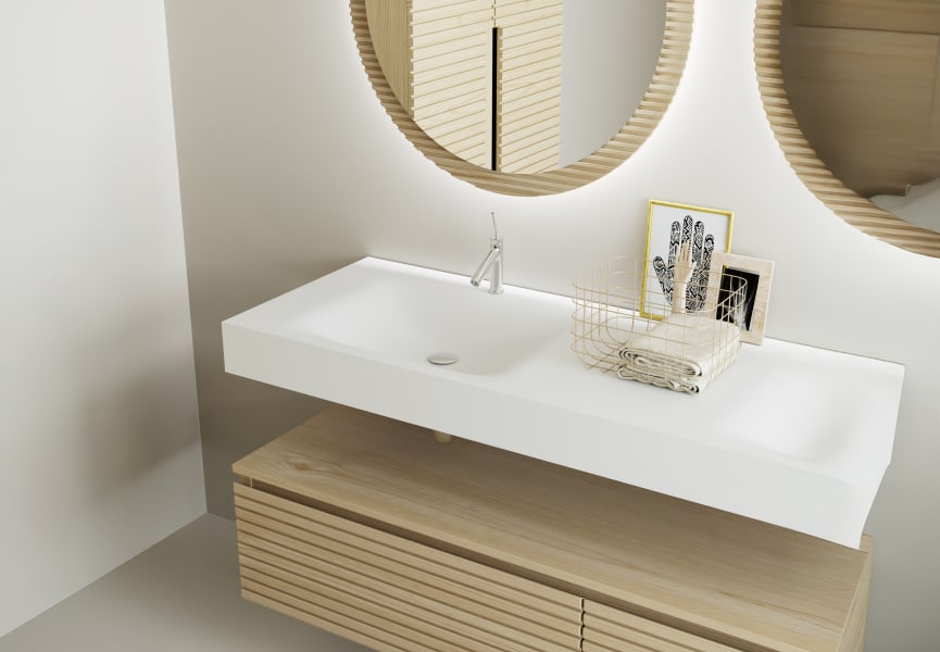 Ensemble meuble de salle de bain avec lavabo double en solid surface et caisson Alpes 4 Bruntec détail 2