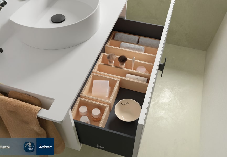 Meuble de salle de bains avec plan de toilette en bois Biba Salgar détail 6