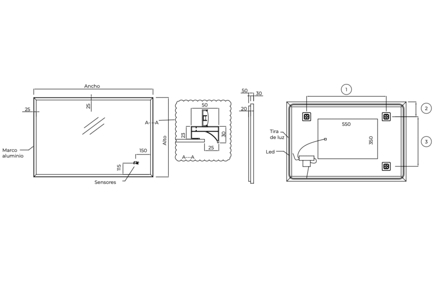 Miroir de salle de bains avec éclairage LED California Ledimex croquis 9
