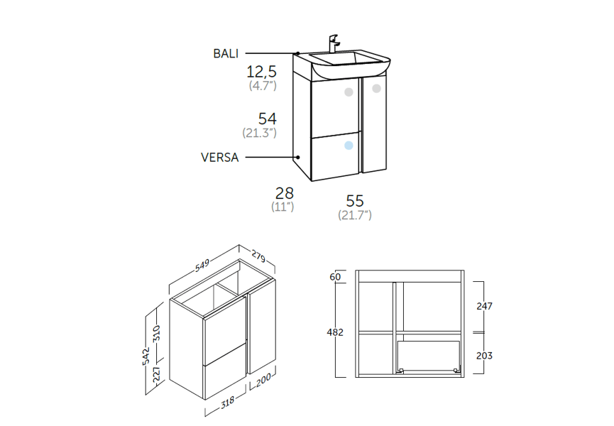 Ensemble meuble de salle de bains de 28 cm à profondeur réduite Versa Coycama croquis 8