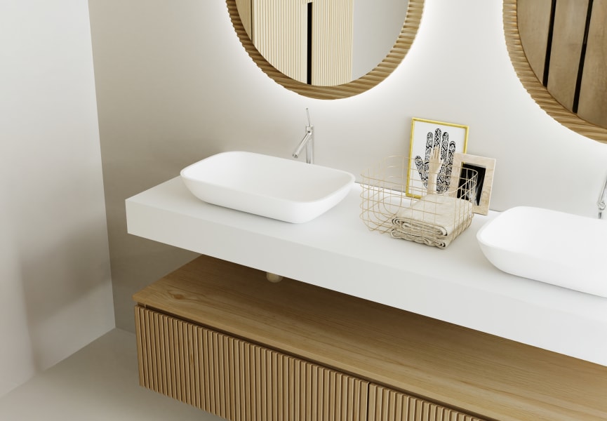 Meuble de salle de bains avec plan de toilette et caisson en solid surface Alpes 4 Bruntec détail 3