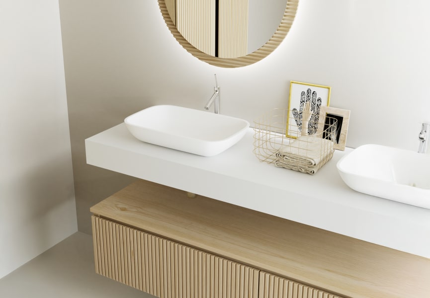 Meuble de salle de bains avec plan de toilette et caisson en solid surface Alpes 4 Bruntec détail 4