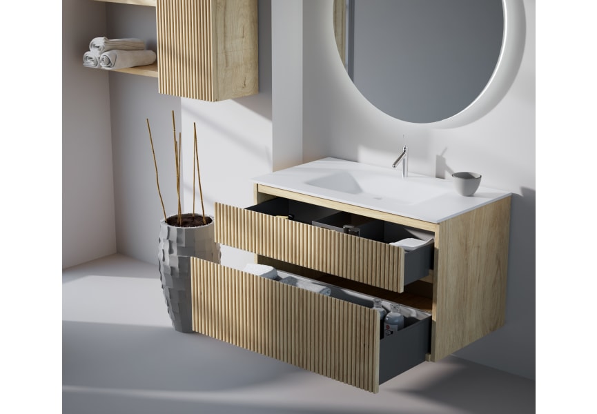 Ensemble de meubles de salle de bain en bois massif rainuré Alpes 7 Bruntec détail 2