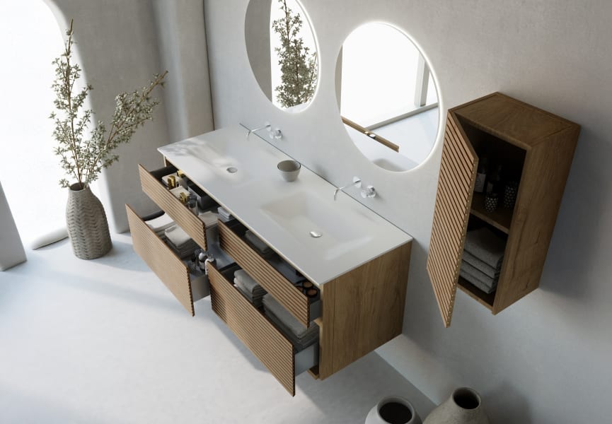 Ensemble de meubles de salle de bain en bois massif rainuré Alpes 7 Bruntec détail 2