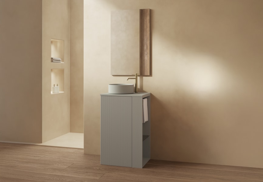 Meuble de salle de bains Bassi Royo avec plan de toilette en bois assorti profondeur réduite principal 0