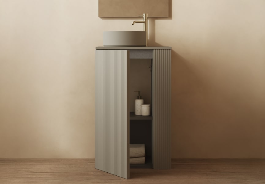 Meuble de salle de bains Bassi Royo avec plan de toilette en bois assorti profondeur réduite principal 1