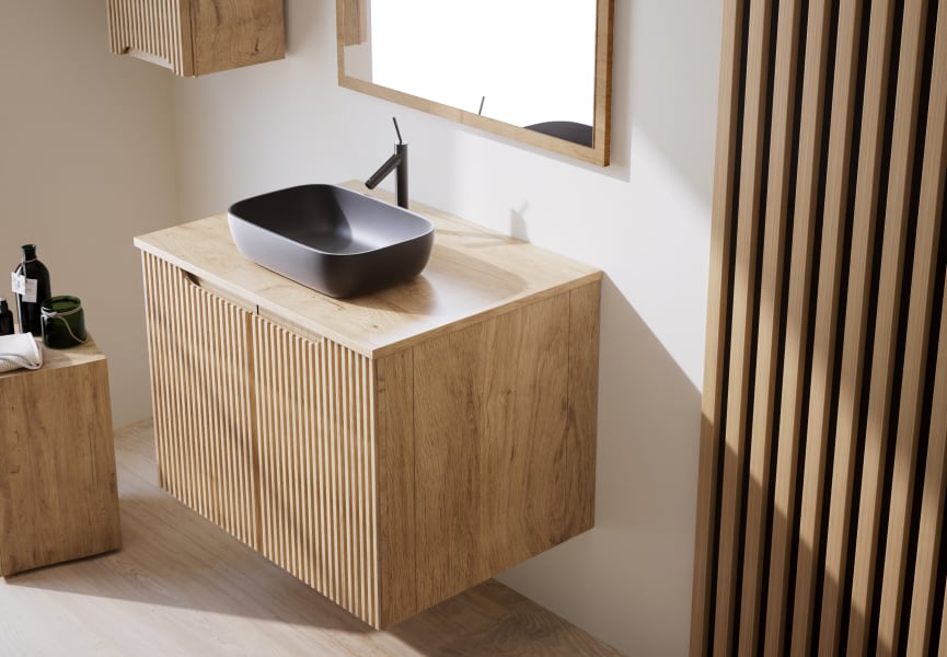 Meuble de salle de bains avec plan de toilette en bois massif Alpes14 Bruntec détail 2