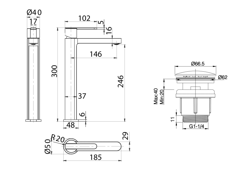 Pack Roma Imex robinet de lavabo à bec haut + bonde click-clack croquis 7