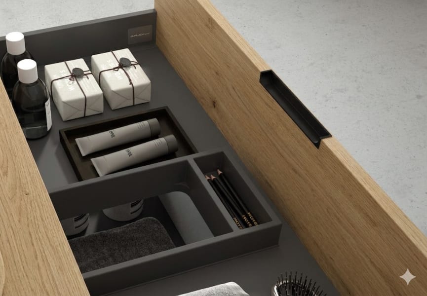 Meuble de salle de bains avec plan de toilette en mélamine Artemisa de Bruntec détail 2