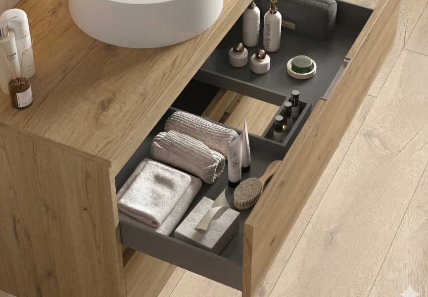 Meuble de salle de bains avec plan de toilette en mélamine Artemisa de Bruntec détail 3