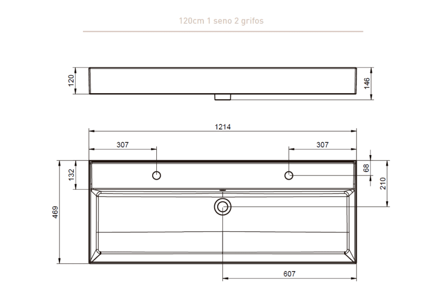 Lavabo à encastrer pour deux robinets simples 12 cm de hauteur Lilas Visobath croquis 3