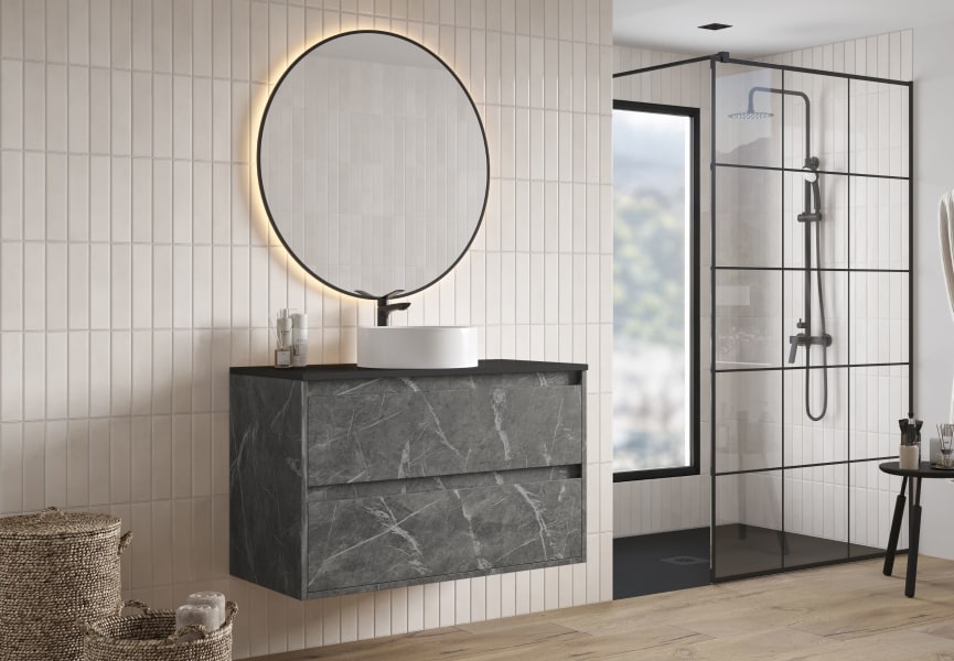 Meuble de salle de bains avec plan de toilette Artemisa Bruntec Pierre compactée noir principal 3