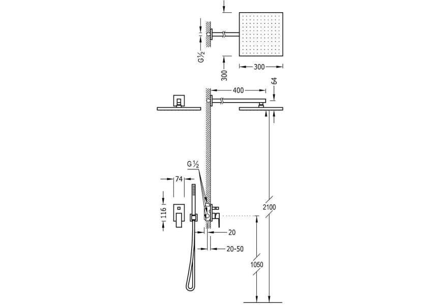 Pack robinetterie de lavabo + douchette encastrée Cuadro Tres croquis 4