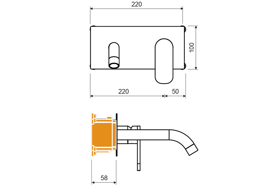 Jamaica Robinetterie de lavabo encastrée Lluvibath croquis 2