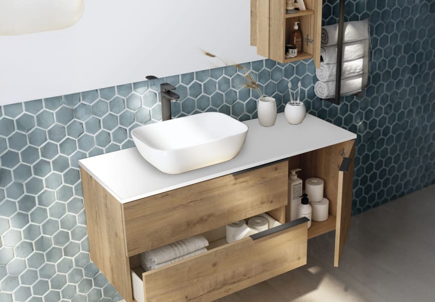 Meuble de salle de bains avec plan de toilette Solid Surface Coban Bruntec détail 2