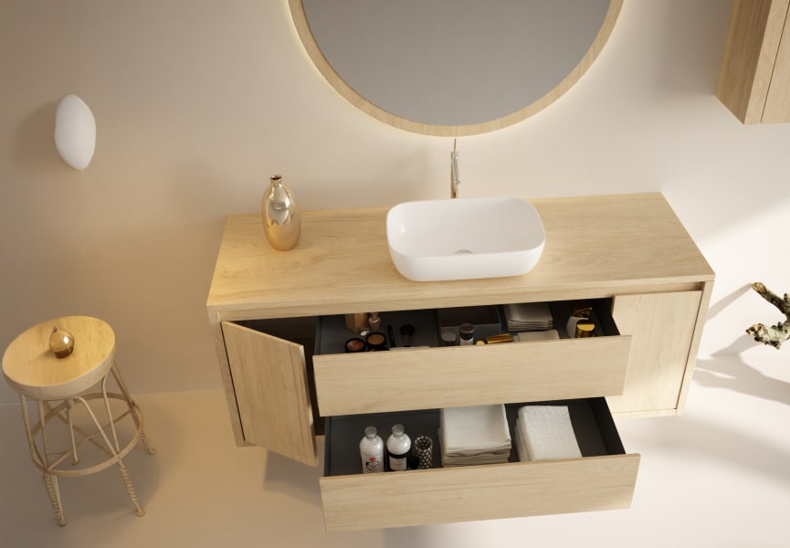 Meubles de salle de bains avec plan de toilette en bois massif Alpes 13 Bruntec détail 2