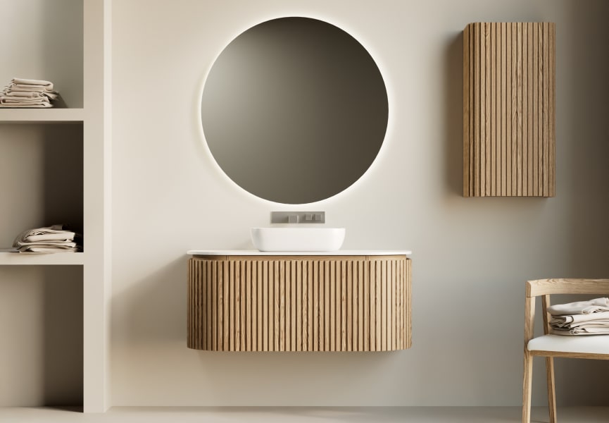 Meuble de salle de bain en frêne massif avec plan de toilette Solid Surface Neo Curve Bruntec principal 0