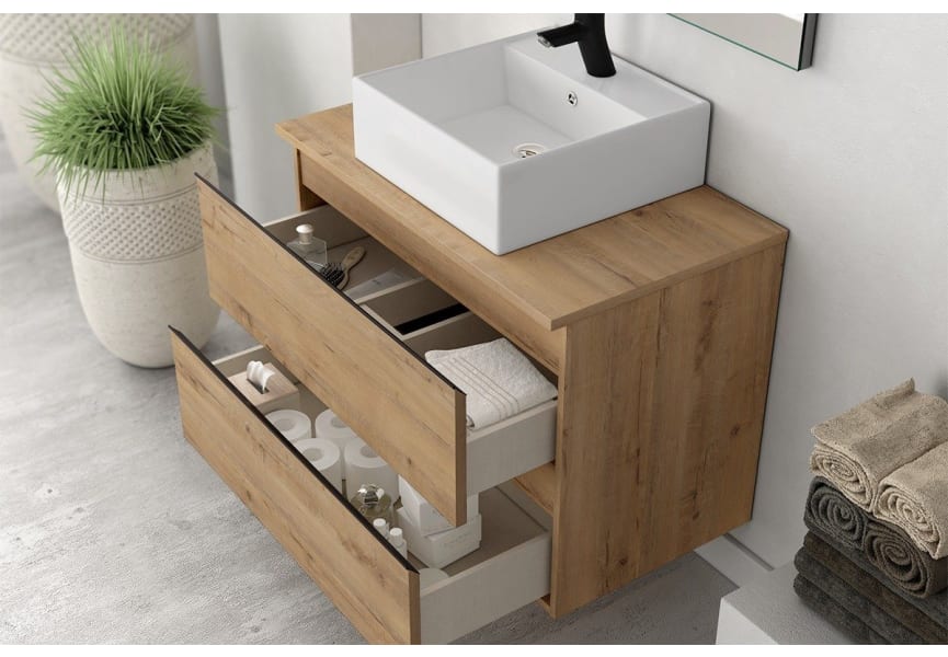 Meuble de salle de bain profondeur réduite 39 cm avec plan de toilette en bois Roma Bruntec détail 4