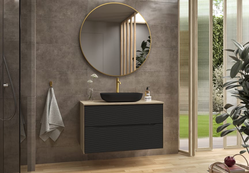 Meuble de salle de bains avec plan de toilette en bois Sahara Coycama environnement 36