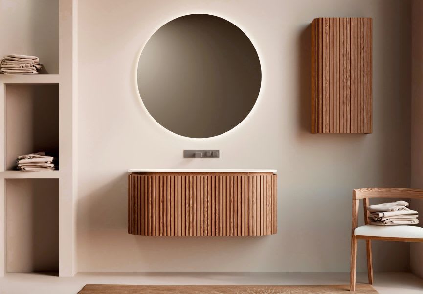 Ensemble meuble de salle de bain 100 cm en bois massif de frêne avec lavabo Solid Surface Neo Curve Bruntec, principal 0