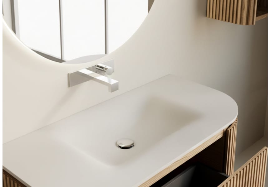 Ensemble meuble de salle de bain en frêne massif avec lavabo Neo Curve de Solid Suface Bruntec détail 3