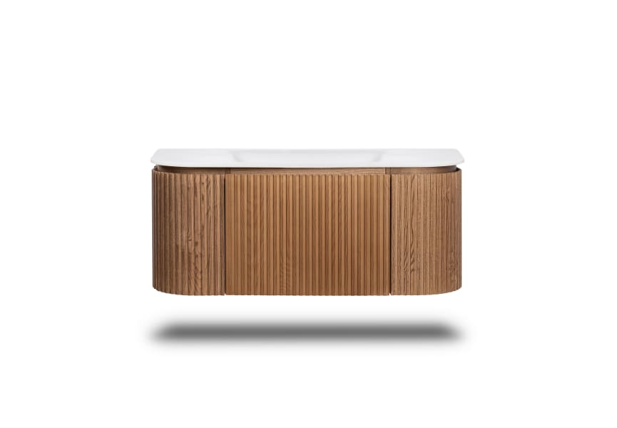Ensemble meuble de salle de bain 100 cm en bois massif de frêne avec lavabo Solid Surface Neo Curve Bruntec, détail 2