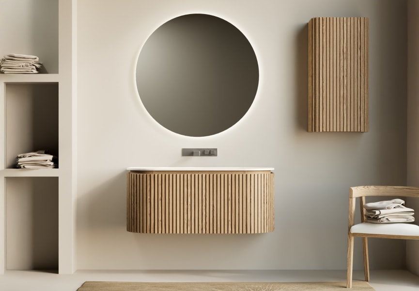 Ensemble meuble de salle de bain en frêne massif avec lavabo Neo Curve de Solid Suface Bruntec principal 0