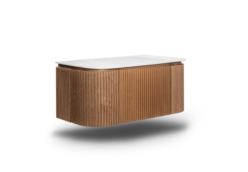Ensemble meuble de salle de bain 100 cm en bois massif de frêne avec lavabo Solid Surface Neo Curve Bruntec, détail 1